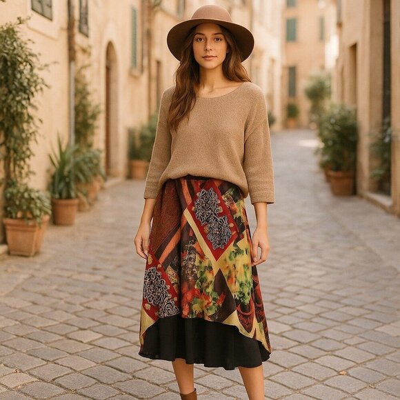 Gala Collection Womens Skirt Size L Boho Patchwork Floral Silk Asymmetrical Hem - Picture 1 of 9